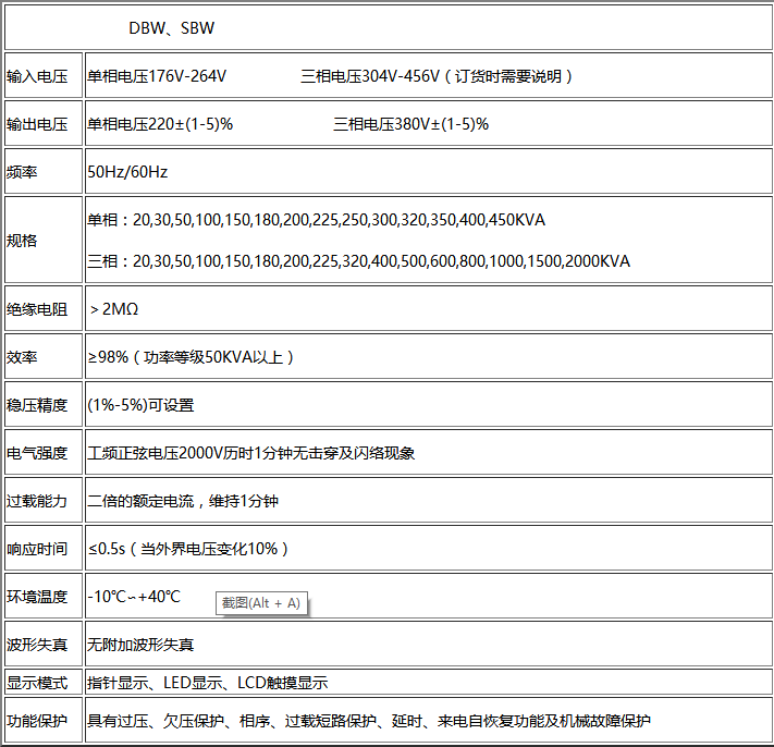 大功率補(bǔ)償式穩(wěn)壓器技術(shù)參數(shù)