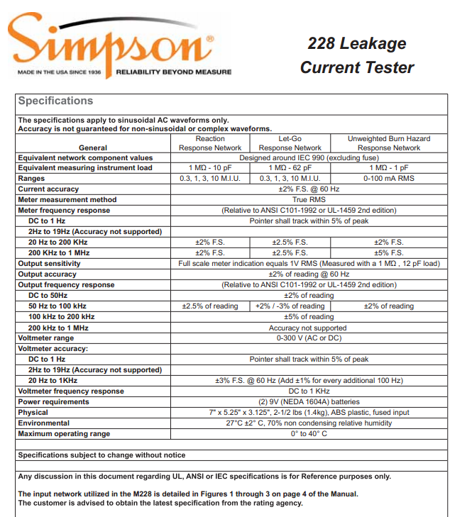 simpson 228泄露电流测试仪
